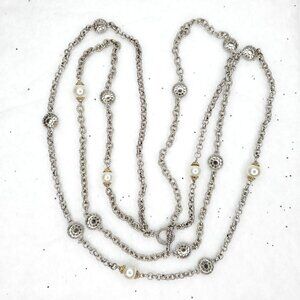Long Double Strand Station Necklace Silver Tone Faux Pearls Textured Links 36"